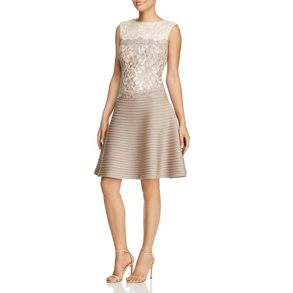 Tadashi Shoji Lace Bodice Fit and Flare Cocktail Dress Brown Cream Sleeveless